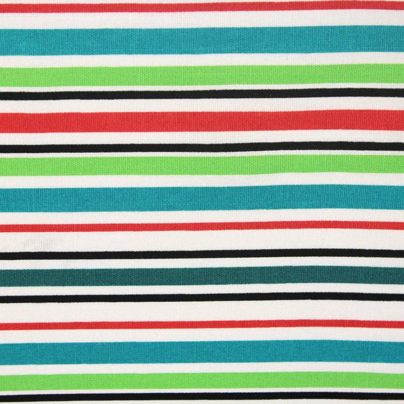 Tissu Bayadère de coton aux rayures vertes, rouges et noires, fond blanc - tissuspipi.com