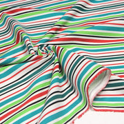 Tissu Bayadère de coton aux rayures vertes, rouges et noires, fond blanc - tissuspipi.com