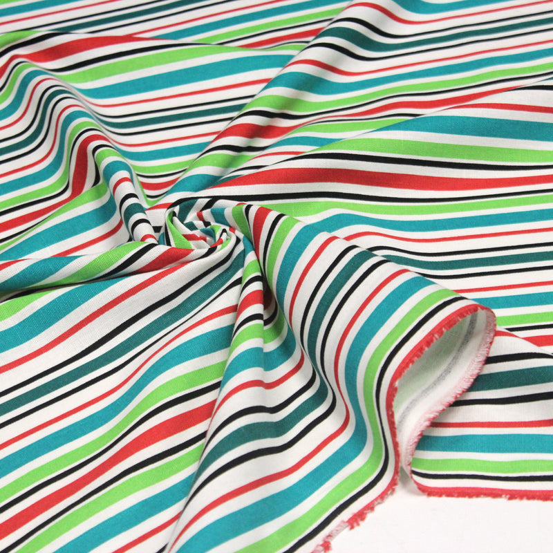 Tissu Bayadère de coton aux rayures vertes, rouges et noires, fond blanc - tissuspipi.com