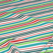 Tissu Bayadère de coton aux rayures vertes, rouges et noires, fond blanc - tissuspipi.com