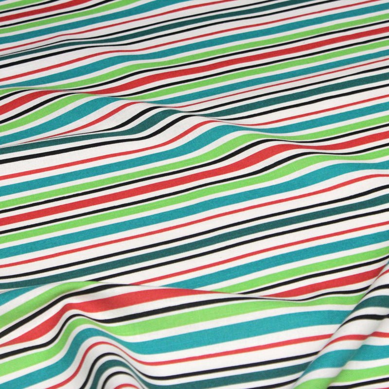 Tissu Bayadère de coton aux rayures vertes, rouges et noires, fond blanc - tissuspipi.com