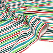 Tissu Bayadère de coton aux rayures vertes, rouges et noires, fond blanc - tissuspipi.com