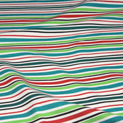 Tissu Bayadère de coton aux rayures vertes, rouges et noires, fond blanc - tissuspipi.com