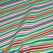 Tissu Bayadère de coton aux rayures vertes, rouges et noires, fond blanc - tissuspipi.com