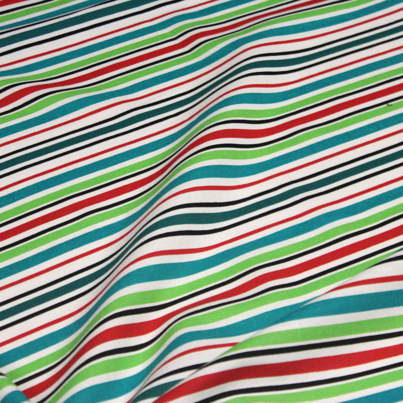 Tissu Bayadère de coton aux rayures vertes, rouges et noires, fond blanc - tissuspipi.com