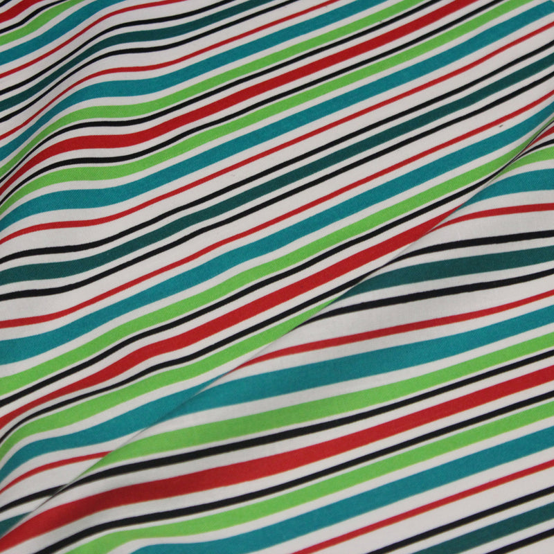 Tissu Bayadère de coton aux rayures vertes, rouges et noires, fond blanc - tissuspipi.com