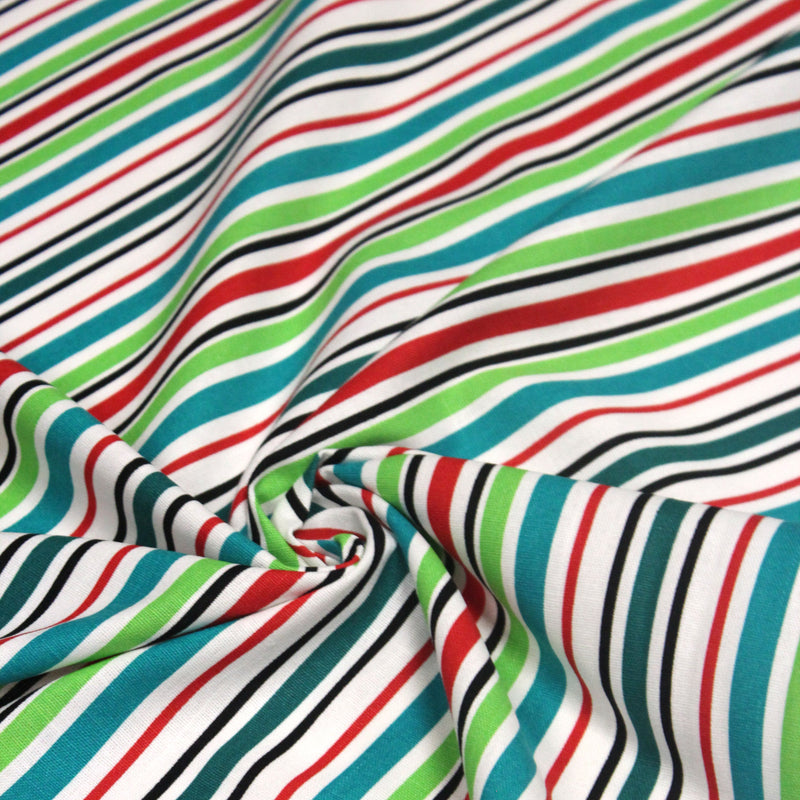 Tissu Bayadère de coton aux rayures vertes, rouges et noires, fond blanc - tissuspipi.com