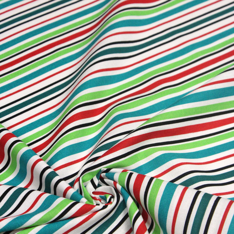 Tissu Bayadère de coton aux rayures vertes, rouges et noires, fond blanc - tissuspipi.com