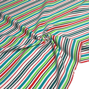 Tissu Bayadère de coton aux rayures vertes, rouges et noires, fond blanc - tissuspipi.com