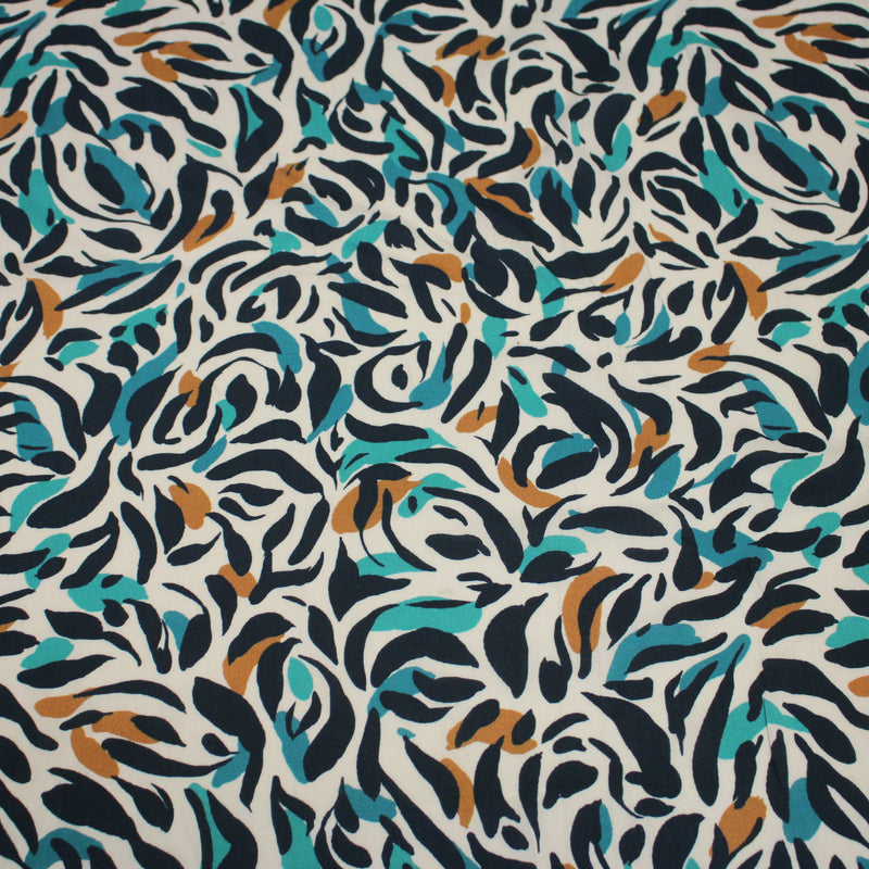 Tissu Viscose fluide au feuillage marine canard et ocre, fond écru - tissuspipi.com