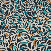 Tissu Viscose fluide au feuillage marine canard et ocre, fond écru - tissuspipi.com