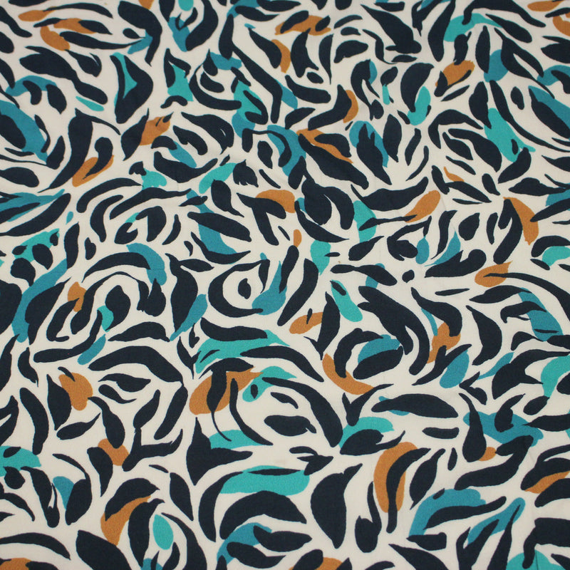 Tissu Viscose fluide au feuillage marine canard et ocre, fond écru - tissuspipi.com