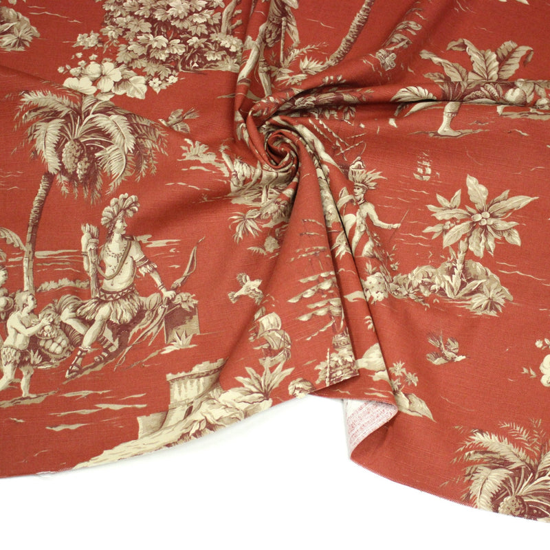 Tissu coton épais TOILE DE JOUY "LES AMERINDIENS", rouille rouge & écru - tissuspipi.com