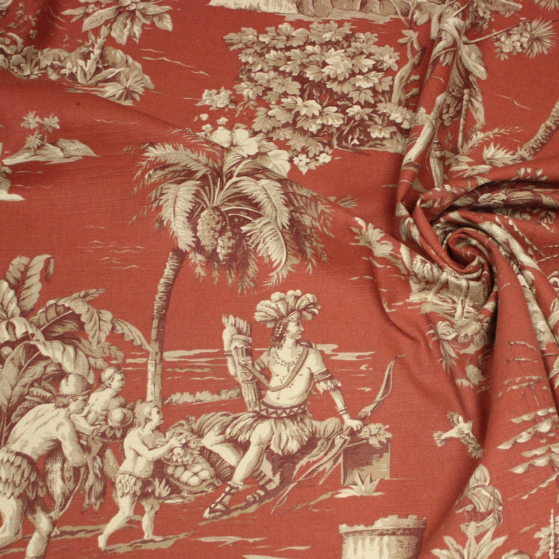 Tissu coton épais TOILE DE JOUY "LES AMERINDIENS", rouille rouge & écru - tissuspipi.com
