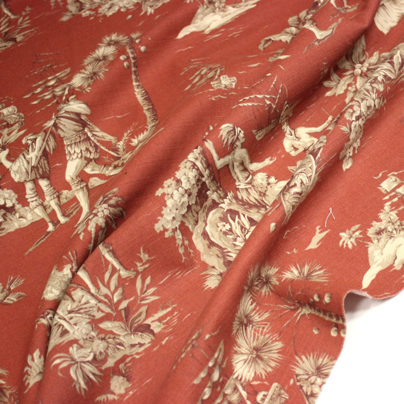 Tissu coton épais TOILE DE JOUY "LES AMERINDIENS", rouille rouge & écru - tissuspipi.com
