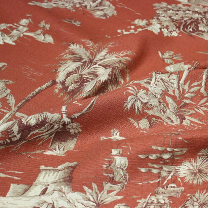 Tissu coton épais TOILE DE JOUY "LES AMERINDIENS", rouille rouge & écru - tissuspipi.com