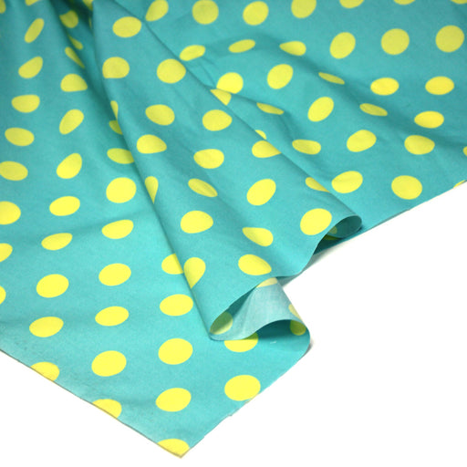 Tissu cotonnade bleu vert aux pois jaunes 18mm - tissuspipi.com