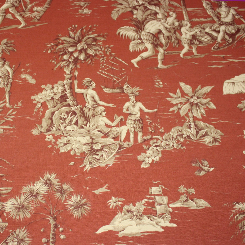 Tissu coton épais TOILE DE JOUY "LES AMERINDIENS", rouille rouge & écru - tissuspipi.com