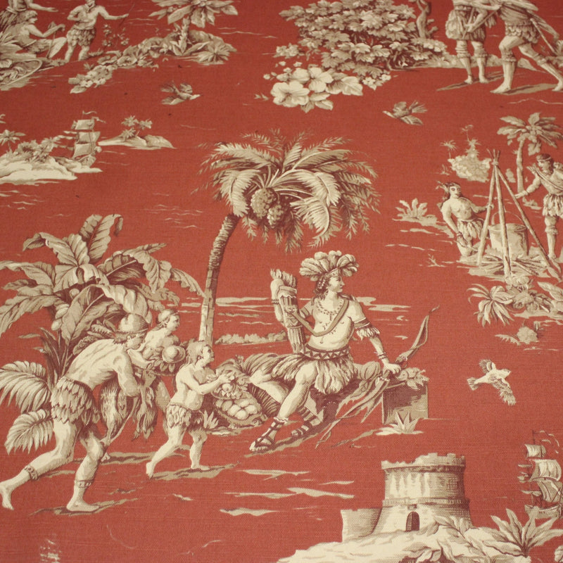 Tissu coton épais TOILE DE JOUY "LES AMERINDIENS", rouille rouge & écru - tissuspipi.com