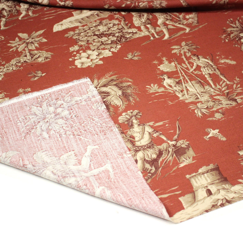 Tissu coton épais TOILE DE JOUY "LES AMERINDIENS", rouille rouge & écru - tissuspipi.com