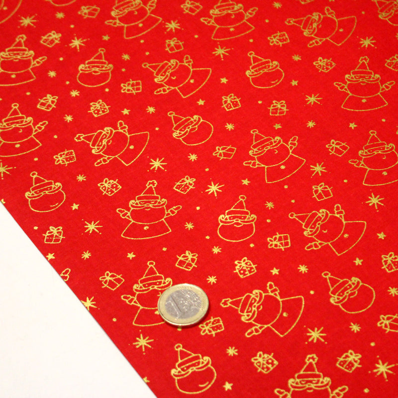 Tissu coton NOËL rouge au Père - Noël et cadeaux dorés - OEKO - TEX - tissuspipi.com