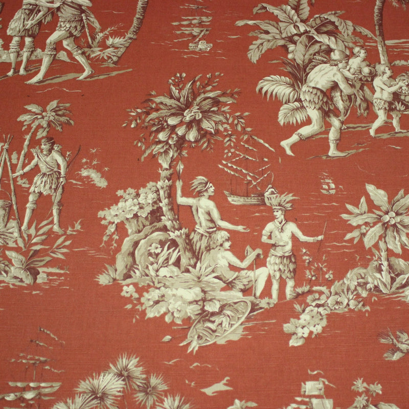 Tissu coton épais TOILE DE JOUY "LES AMERINDIENS", rouille rouge & écru - tissuspipi.com