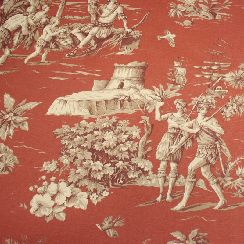 Tissu coton épais TOILE DE JOUY "LES AMERINDIENS", rouille rouge & écru - tissuspipi.com