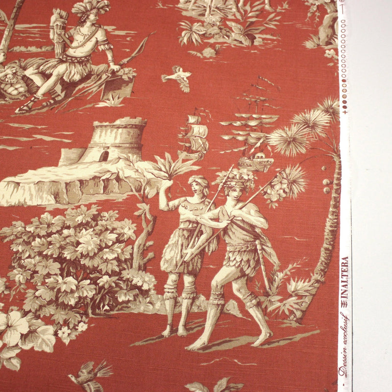 Tissu coton épais TOILE DE JOUY "LES AMERINDIENS", rouille rouge & écru - tissuspipi.com
