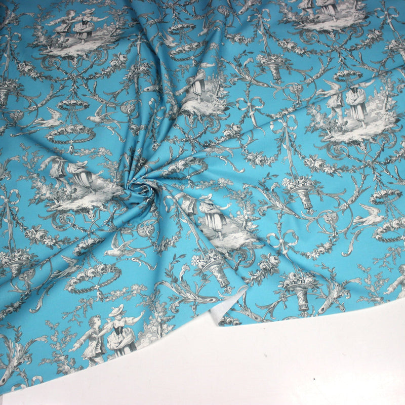 Tissu coton épais TOILE DE JOUY LES AMOURS, bleu, grande largeur 280cm - tissuspipi.com