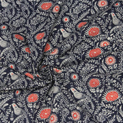 Tissu INDIENNES cotonnade fleurie bleu marine aux feuillage et oiseaux écrus et rouges - tissuspipi.com