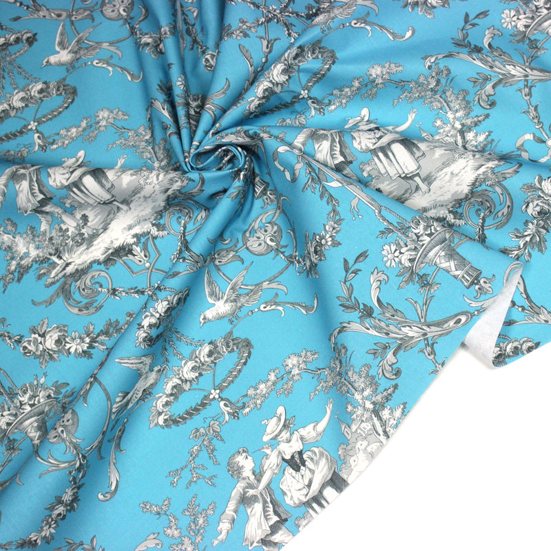 Tissu coton épais TOILE DE JOUY LES AMOURS, bleu, grande largeur 280cm - tissuspipi.com