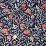 Tissu INDIENNES cotonnade fleurie bleu marine aux feuillage et oiseaux écrus et rouges - tissuspipi.com
