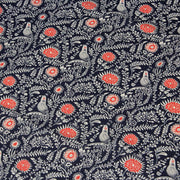 Tissu INDIENNES cotonnade fleurie bleu marine aux feuillage et oiseaux écrus et rouges - tissuspipi.com