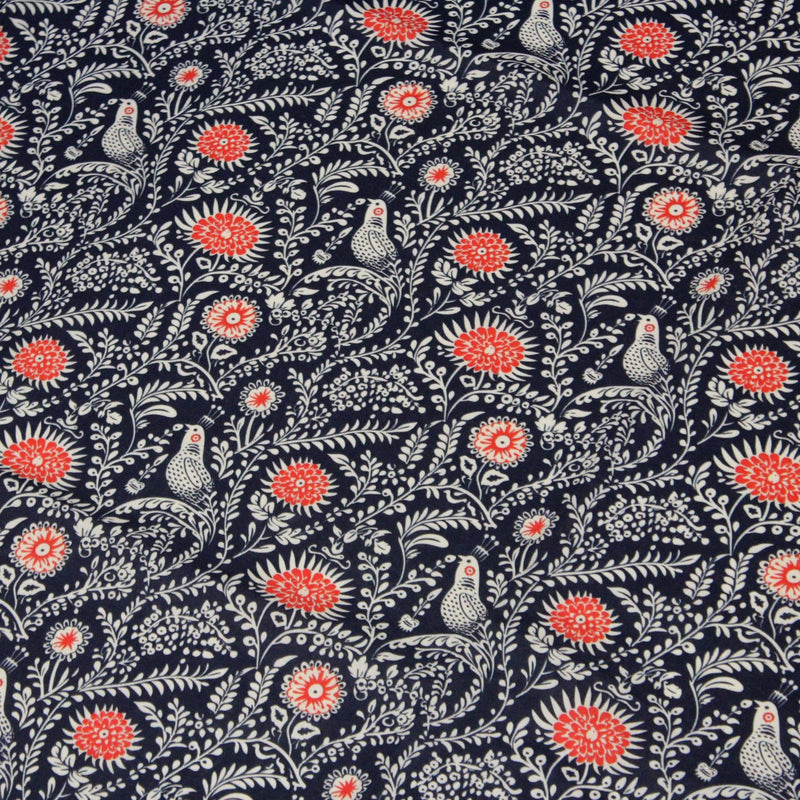 Tissu INDIENNES cotonnade fleurie bleu marine aux feuillage et oiseaux écrus et rouges - tissuspipi.com