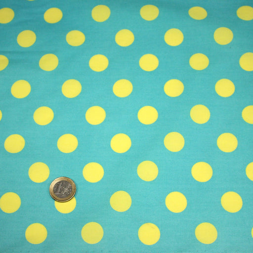 Tissu cotonnade bleu vert aux pois jaunes 18mm - tissuspipi.com
