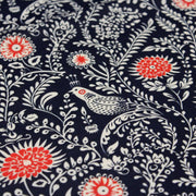 Tissu INDIENNES cotonnade fleurie bleu marine aux feuillage et oiseaux écrus et rouges - tissuspipi.com