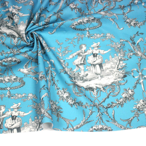 Tissu coton épais TOILE DE JOUY LES AMOURS, bleu, grande largeur 280cm - tissuspipi.com