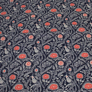 Tissu INDIENNES cotonnade fleurie bleu marine aux feuillage et oiseaux écrus et rouges - tissuspipi.com