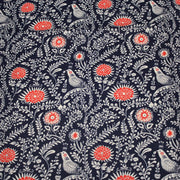 Tissu INDIENNES cotonnade fleurie bleu marine aux feuillage et oiseaux écrus et rouges - tissuspipi.com