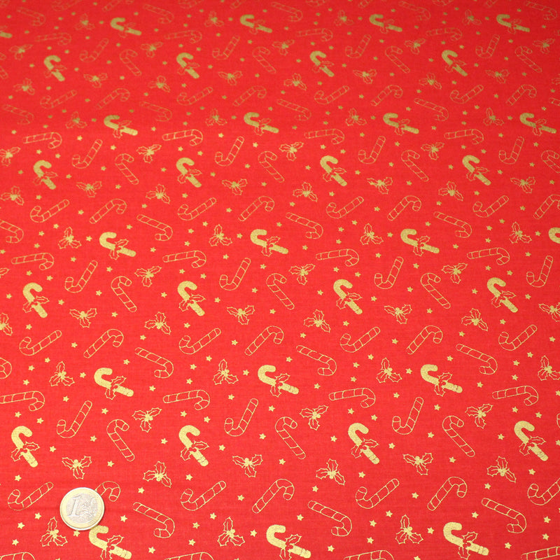Tissu coton NOËL rouge aux houx et sucres d'orge dorés - OEKO - TEX - tissuspipi.com