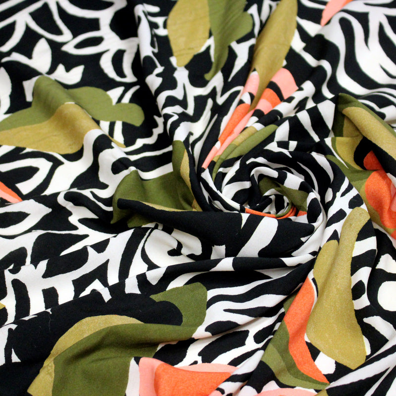 Tissu viscose fluide COMPORTA, motif graphique noir blanc, fleuri vert rose corail - Fabrication française - tissuspipi.com