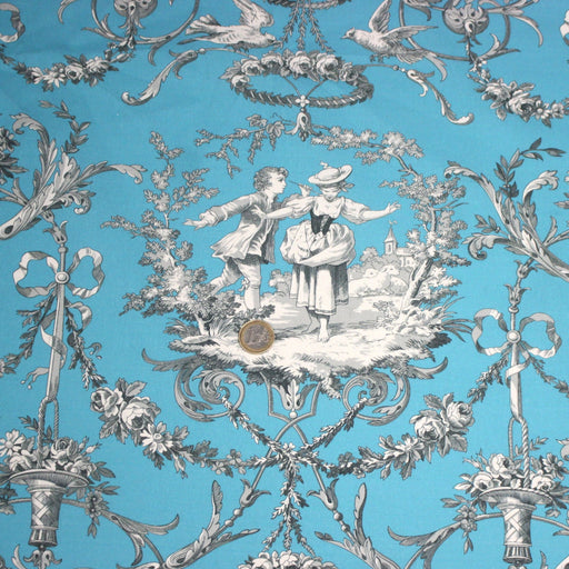 Tissu coton épais TOILE DE JOUY LES AMOURS, bleu, grande largeur 280cm - tissuspipi.com