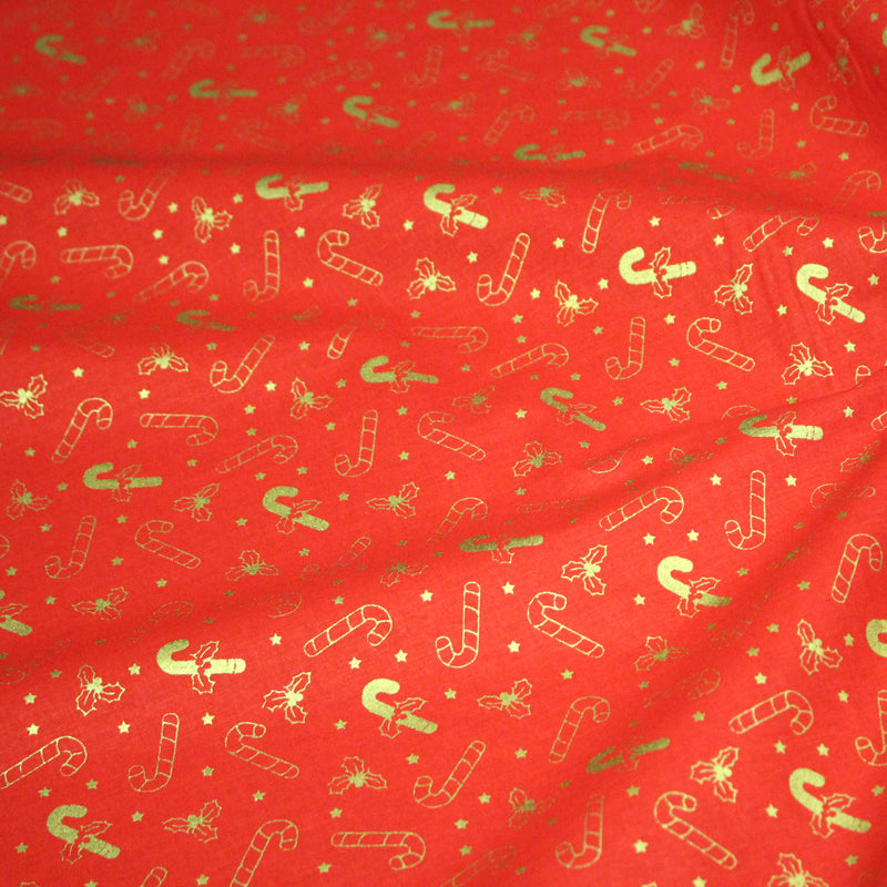 Tissu coton NOËL rouge aux houx et sucres d'orge dorés - OEKO - TEX - tissuspipi.com