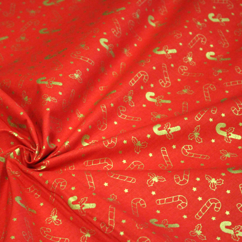 Tissu coton NOËL rouge aux houx et sucres d'orge dorés - OEKO - TEX - tissuspipi.com