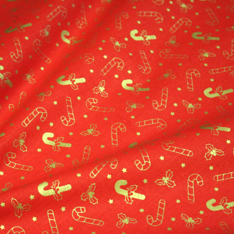 Tissu coton NOËL rouge aux houx et sucres d'orge dorés - OEKO - TEX - tissuspipi.com