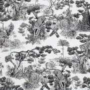 Tissu Toile de Jouy moderne noire, forêt tropicale, singes et léopards - COLLECTION ANIMALIA, par la maison Thevenon - tissuspipi.com
