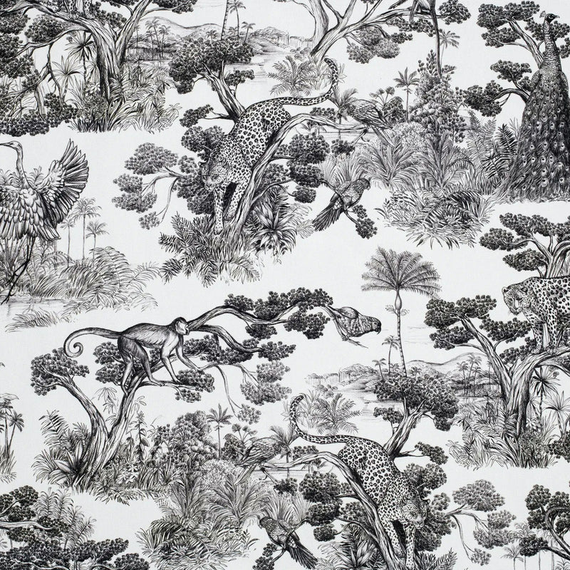 Tissu Toile de Jouy moderne noire, forêt tropicale, singes et léopards - COLLECTION ANIMALIA, par la maison Thevenon - tissuspipi.com
