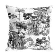 Tissu Toile de Jouy moderne noire, forêt tropicale, singes et léopards - COLLECTION ANIMALIA, par la maison Thevenon - tissuspipi.com