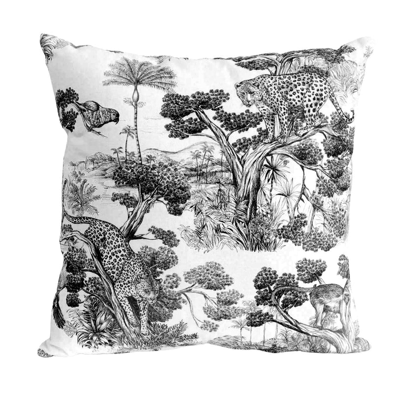 Tissu Toile de Jouy moderne noire, forêt tropicale, singes et léopards - COLLECTION ANIMALIA, par la maison Thevenon - tissuspipi.com
