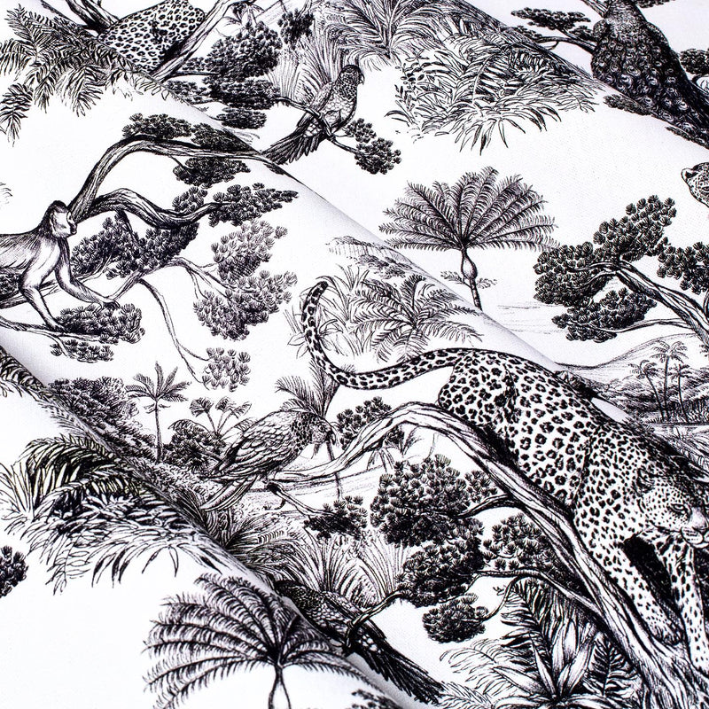 Tissu Toile de Jouy moderne noire, forêt tropicale, singes et léopards - COLLECTION ANIMALIA, par la maison Thevenon - tissuspipi.com